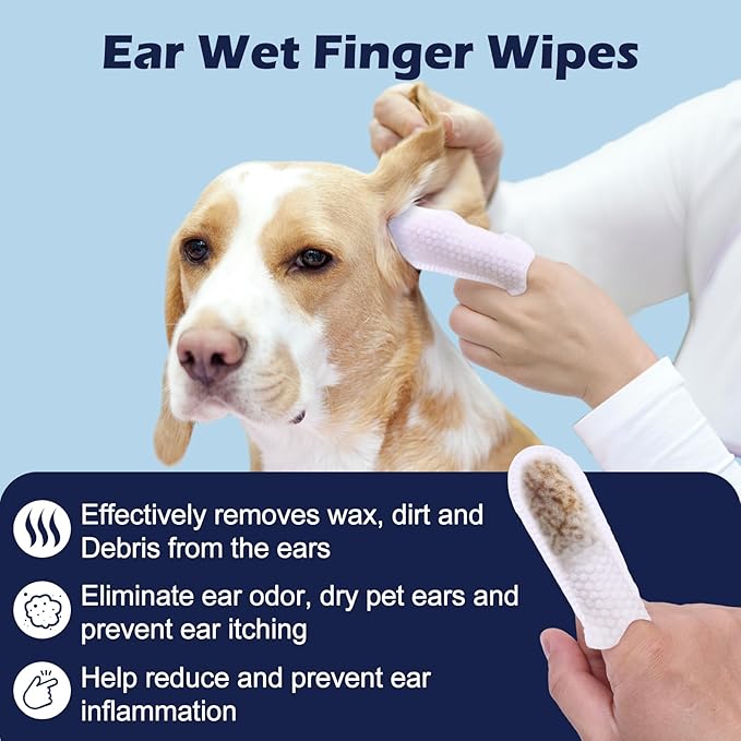 Dog Ear Finger Wipes, Gentle Dog Ear Cleaning Wipes for Dogs and Cats, Ear Wipes for Dogs Remove Ear Wax, Dirt, and Odor, Puppy Ear Wipes Sooths & Deodorizes, Natural Ingredients 70 Count