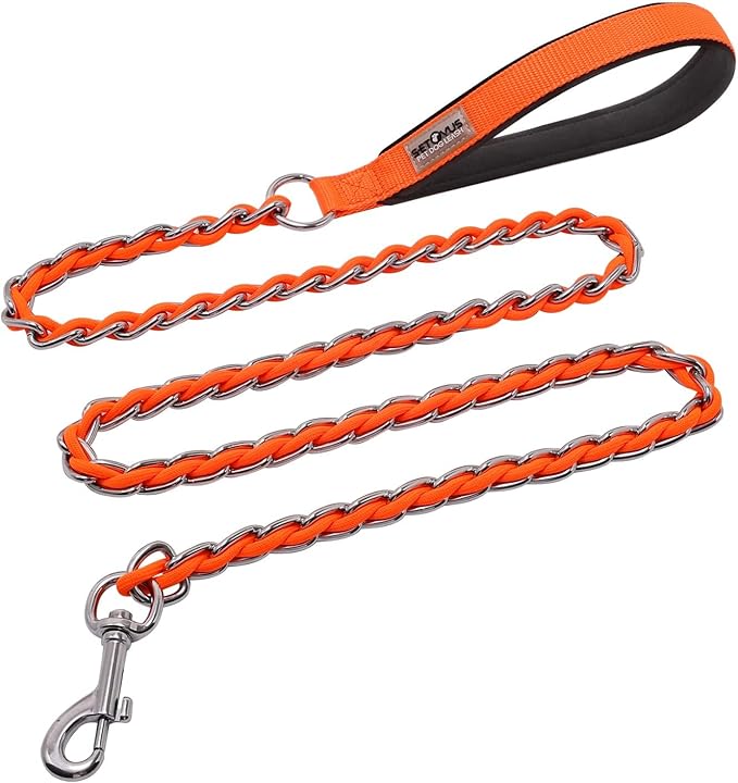 Dog Leash Chew Proof, Chain Leash Anti Chew Dog Leash for Large Dogs Heavy Duty, Indestructible Metal Leash Anti Bite Chain Link with Woven Cord Soft Padded Handle (Orange, 4FT)