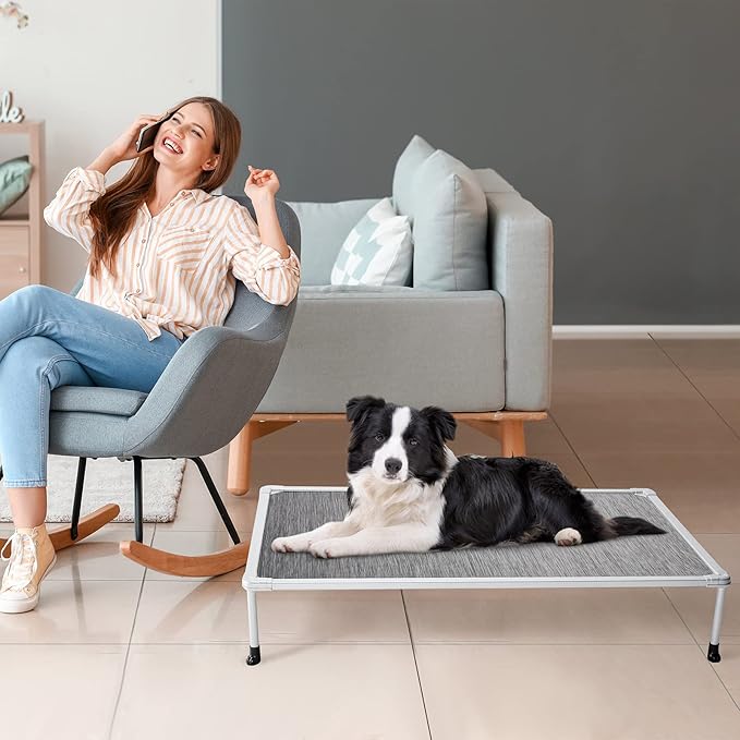 Veehoo Chewproof Elevated Dog Bed- Cooling Raised Pet Cot, Breathable Mesh, Washable & Non-Slip for Medium Dogs, Indoor/Outdoor, Black Silver Mat and Silver Metal Frame, 32x25inches (Model CWC2203B03)