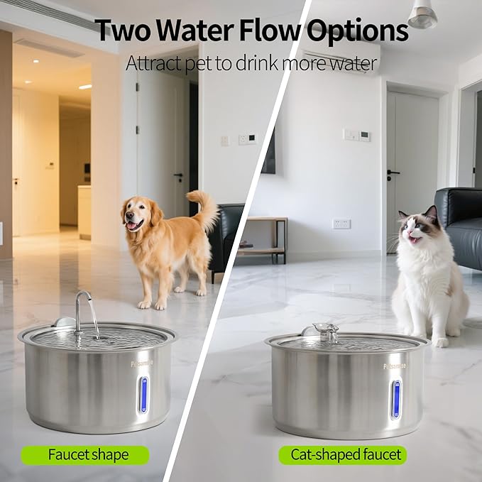 Petsamuse Dog Water Fountain, 11L/2.8Gal Quiet Dog Fountain Water Bowl with Visible Window Stainless Steel Dog Water Fountain with 2 Spray Modes and 15 Fliters for Large Medium Small Dogs Pets