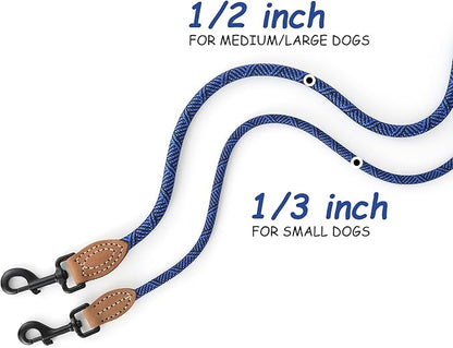 Mile High Life Small Dog Leash, Thin Rope Leash with Genuine Leather Connection and Heavy Duty Metal Clasp, Great for Small Medium Dogs(Blue,60 Inch-1/3)