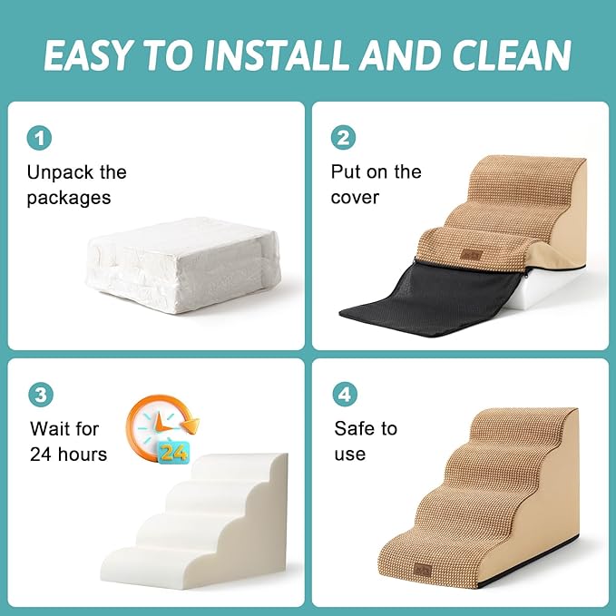 Dog Stairs for High Bed 22.6" H, Small Dog Step for Puppy, Older or Cat, Curved Ramp for Car, Ladder with High Density Foam, Lightweight, Durable, 5 Step, 15.7x33x22.6 inch, Light Brown