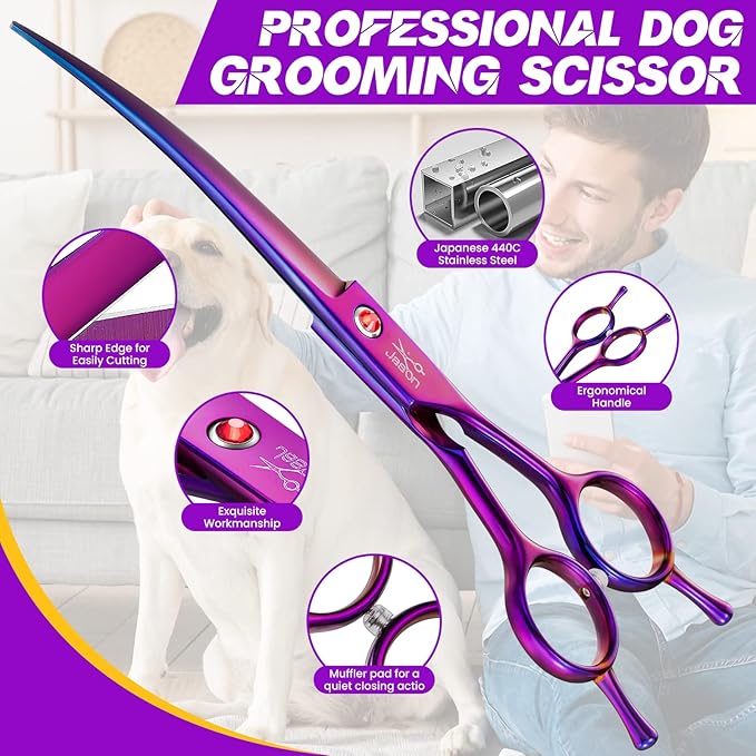 JASON 7.5" Dog Grooming Scissor - Professional Down-curved Shear with Ergonomic Handle Japanese Stainless Steel Trimming Scissor for Dogs, Cats and Other Pets, Sharp (Curved, Purple) Christmas Gift