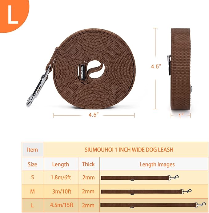 Siumouhoi Strong Durable Nylon Dog Training Leash, 1 Inch Wide Traction Rope, 6 ft 10ft 15ft Long, for Small and Medium Dog (Brown, 15 Feet)