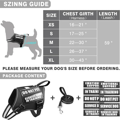 Service Dog Vest Harness and Leash Set+10 Patches,No Pull&Easy Walk Reflective Dog Harness with Soft Padded Handle for Training/Everyday,Fit Small/Medium/Large/Extra-Large Dogs (Black L)