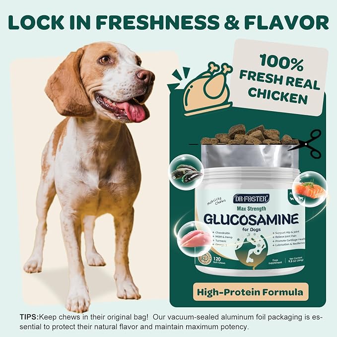 Glucosamine for Dogs, Hip and Joint Supplement for Dogs with Chondroitin, MSM, Turmeric, Omega-3 & Calcium, Dog Glucosamine Supports Pain Relief, Mobility & Comfort, Chicken Flavor, 120 Soft Chews