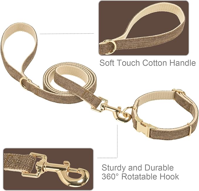 Ewinoom Soft Hemp Dog Collar and Leash Set Adjustable Woven Tweed Dog Collars with Metal Buckle and Lead for Small Medium Large Dogs,Coffee