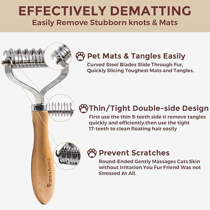 Undercoat Rake for Dogs - Professional Pet Shedding Dematting Comb with Wood Handle, Stainless Steel Blades for Pet Cats Dogs Matted Hair Tangles Removing