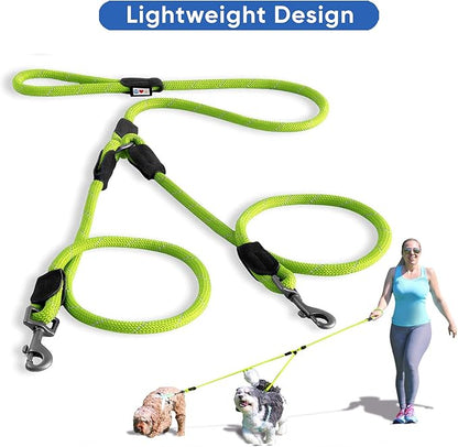 Pawtitas Double Leash for Two Dogs Great for Walking & Training Comfortable Shock Absorbing Reflective Pet Rope Leash for 2 Dogs 6ft - Medium/Large - Green