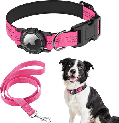 HDDTTZ AirTag Dog Collar and Leash, IP68 Waterproof Integrated with Reflective, Ultra-Durable, Comfortable Padded, Heavy Duty Dog Collars for Small Medium Large Dogs, S (10.6"-13.6"), Pink