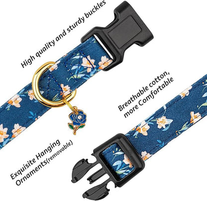 Cotton Handmade Dog Collar Cute and Distinctive Patterns Blue Tulip with Pendant for Girl Boy Dogs Collars S