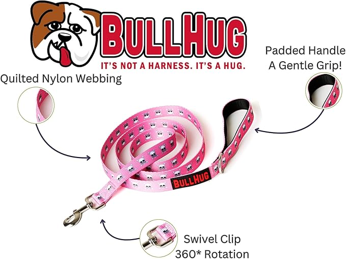 BULLHUG 6 FT Bulldog Leash with Padded Handle. Perfect for French Bulldogs, Pugs & All Breeds. Leash for Walking, Training Lead (Pink Skull)
