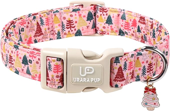 Christmas Dog Collar, Pink Christmas Tree for Dogs, Adjustable Pet Collar with Cute Xmas Tree Pendant, Festive Winter Dog Accessories for Small Medium Large Dogs S