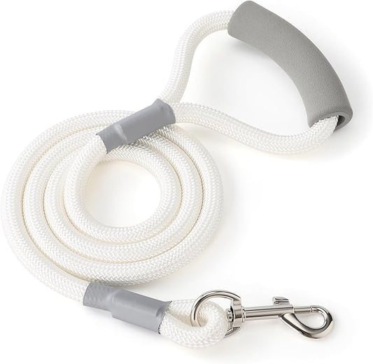 Mile High Life Dog Leash, with Comfortable Padded Handle, White Nylon Rope Leash with Steel Tips, Heavy Duty 6 Feet Pet Leashes (White,72 Inches)