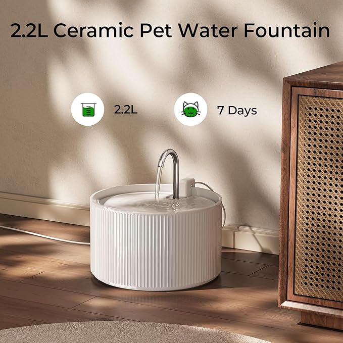 Voluas Ceramic Cat Water Fountain: 2.2L/74oz Cat Fountains for Drinking, Automatic Pet Water Dispenser with Ultra-Quiet Pump and Replacement Filter, Kitty Watering Supplies Indoor Easy Clean BPA-Free