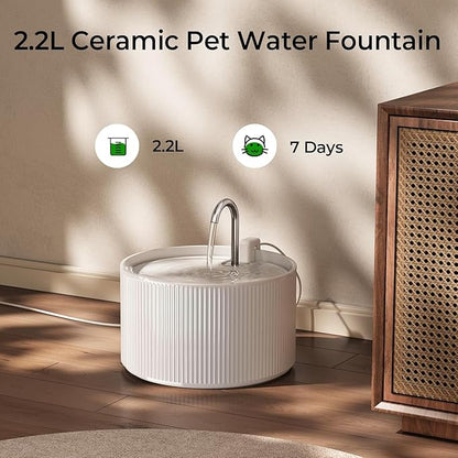 Voluas Ceramic Cat Water Fountain: 2.2L/74oz Cat Fountains for Drinking, Automatic Pet Water Dispenser with Ultra-Quiet Pump and Replacement Filter, Kitty Watering Supplies Indoor Easy Clean BPA-Free