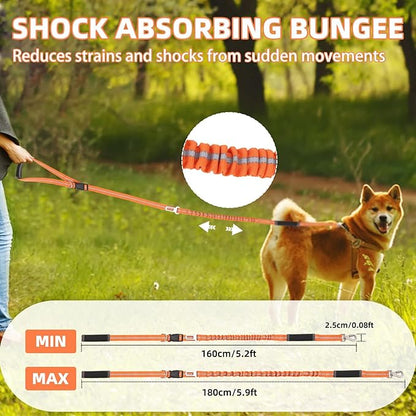 PUPTECK Heavy Duty Bungee Leash for Medium Large Dogs, No Pull Tactical Dog Leash with Double Handles for Training, Reflective with Car Seatbelt and Quick Release Buckle, Orange