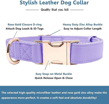 Soft Leather Dog Collar and Leash (6.6') Set - Stylish Rose Gold Heavy Duty Metal Buckle, 4 Adjustable Lengths Leash for Small Medium Large Dogs - Comfortable & Easy to Clean (XS, Light Purple)