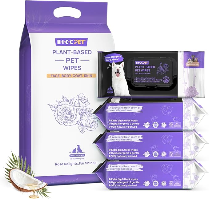 HICC PET Cleaning Deodorizing Wipes for Dogs & Cats, Vet Recommended Plant-Based Pet Grooming Wipes, Fermented Coconut Oil Grooming Paws, Body and Butt, Family Size Supply 400 Count, Rose