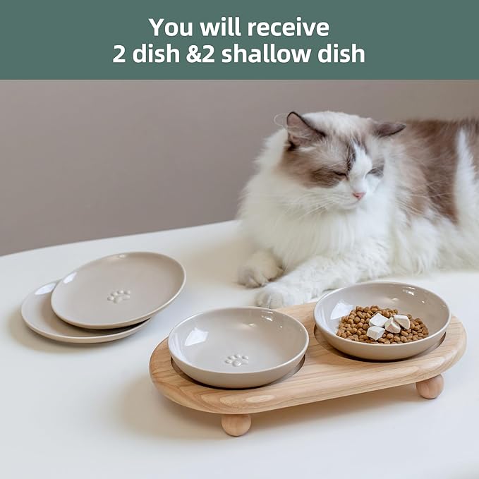 Havniva Raised Ceramic Wide Whisker Friendly Cat Dishes, Food& Water Bowl with 2 Style Stand Adjustable Pet Bowl Set, Anti Whisker Fatigue(2Dish+2Shallow Dish+Stand