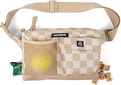 Cleverpup Dog Walk & Train Sling Bag - Hands-Free Dog Walking & Training Bag with Treat Pouch, Poop Bag Holder & Phone Pocket - Crossbody or Fanny Pack, Adjustable Strap - Checkerboard