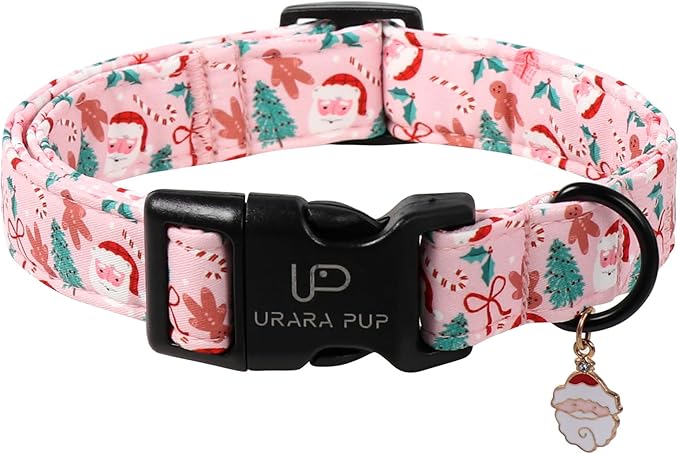 Xmas Dog Collars - Pink Christmas Tree & Santa Dog Collar with Gingerbread- Comfortable, Stylish Pet Collars with Quick Release Buckle for Christmas S