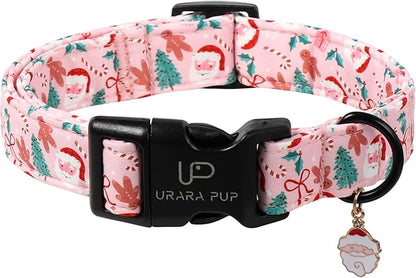 Xmas Dog Collars - Pink Christmas Tree & Santa Dog Collar with Gingerbread- Comfortable, Stylish Pet Collars with Quick Release Buckle for Christmas S