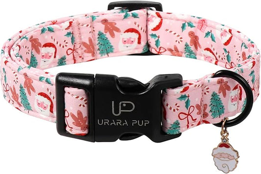 Xmas Dog Collars - Pink Christmas Tree & Santa Dog Collar with Gingerbread- Comfortable, Stylish Pet Collars with Quick Release Buckle for Christmas XL