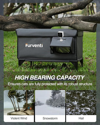 Heated Cat House for Outside,Dual Camera Mounts,100% Weatherproof & Extremely Insulated,Elevated Feral Cat Shelter with Escape Door,Waterproof Eaves for Outdoor Stray Barn Cat(Dark Grey, L with Cam)