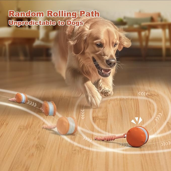 QGI Interactive Dog Toys, Random Path Electric Automatic Moving and Rolling Dogs Toy with Rope for Small Medium Large Dogs, Motion-Activated Dog Stimulation Toy for Boredom Relief (Orange)