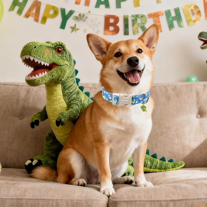 DOGWONG Blue Dog Collar Adjustable Soft Natural Fabric Boy Pet Dog Collar Cute Dinosaur Dog Collars for Small Medium Large Dogs