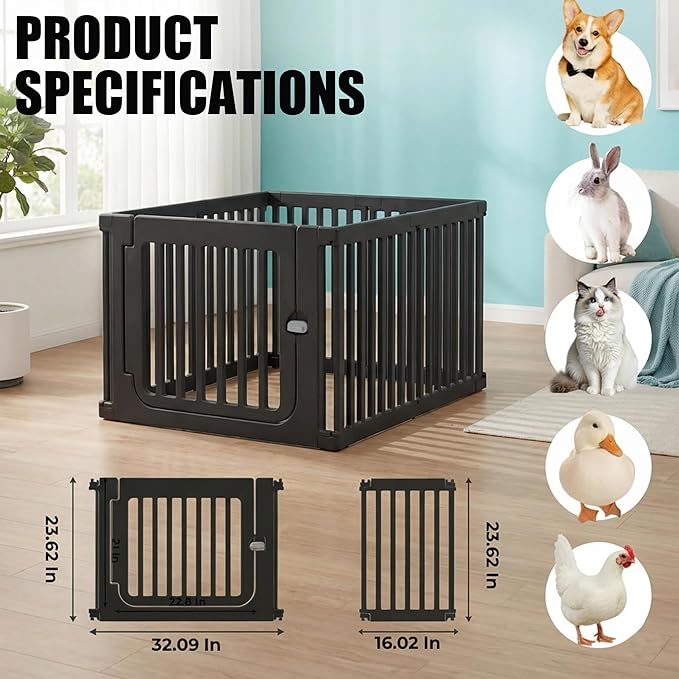 Jatindear 7 Panels Plastic Dog Playpen, Expandable & Durable Pet Fence - Indoor & Outdoor Portable with Secure Locking Door, Durable Safety Play Pen with Puppy, Cat, Small Animal(Black, 23.62" H)