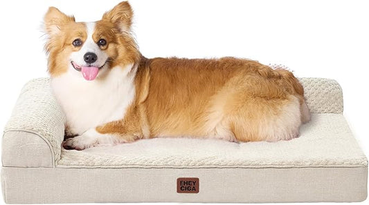 EHEYCIGA Large Dog Bed Memory Foam for Crate, Orthopedic Dog Bed Large Size Dogs with Washable Removable Cover, Waterproof Pet Sofa Couch with Nonskid Bottom, 35x22x6, Beige
