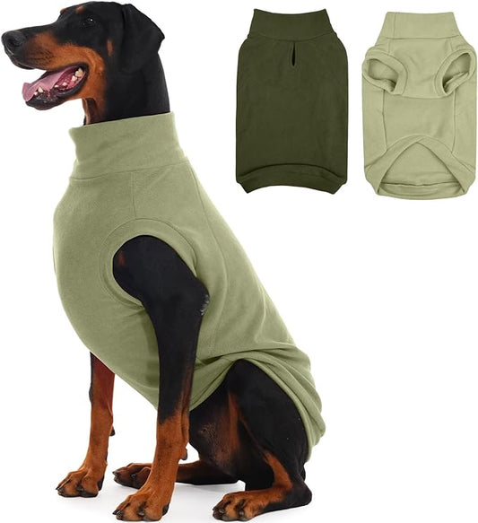 IECOii 2 Pack 5XL Dog Fleece Sweaters Stretchy Sweatshirts Warm & Cozy Coat for Large Breeds,Indoor Outdoor,Warm Vest with Leash Hole, Machine Washable (Size 5XL, Light Green & Army Green)