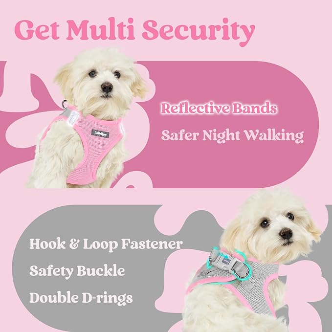 rabbitgoo Small Dog Harness, Step-in Soft Mesh Puppy Vest with Safety Buckle, Breathable Reflective Pet Harness for Small Sized Dogs, Pink & Gray S