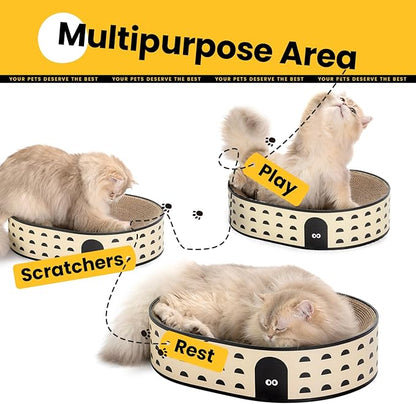 Conlun Oval Cat Scratcher Bed, 2-in-1 Cat Scratching Board, Natural Corrugated Cardboard Scratch Pad Lounge, Sealed Base Traps Debris,No Assembly Kitty Furniture,Stylish Colors Blends Any Home Decor