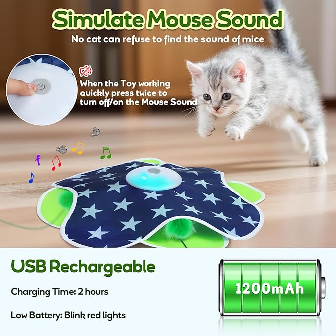 Saolife Interactive Cat Toys with Moving Feather Concealed in Mat, Motion Activated, Mouse Squeaky, Rechargeable Cat Exercise Toys for Bored Cats