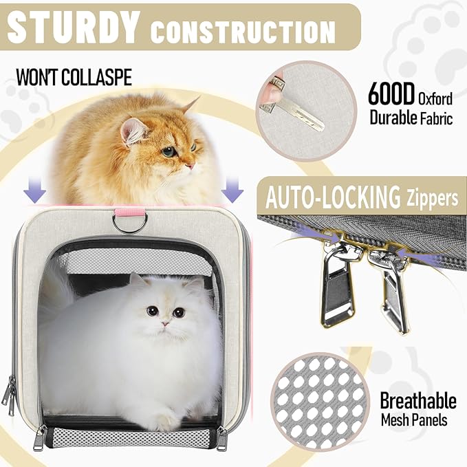 GAPZER Pet Carrier for Large Cat 20 lbs+ / Soft Sided Small Dog 12 Pounds Travel Crate Top Load/Collapsible Kitty Carry Bag Big Kitten Mesh/Sturdy Animal Transport cage Kennel Long Trips Beige