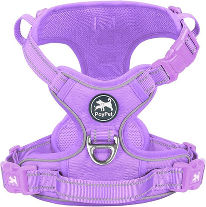 PoyPet No Pull Dog Harness, No Choke Reflective Dog Vest, Adjustable Pet Harnesses with Easy Control Padded Handle for Small Medium Large Dogs(Light Purple Matching Trim,L)