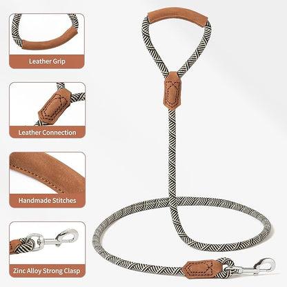 Mile High Life | Premium Leather Handle Dog Leash | Strong Rope Leash | Zinc Alloy Strong Clasp | Small Medium Large Dogs | 4/5/6 Feet(White, 72 Inch (Pack of 1))