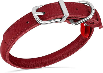 OOPSDOGGY Rolled Leather Dog Collar Soft Roll Collars for Small Medium Large Dogs Puppy (Red, S, 10"-13")
