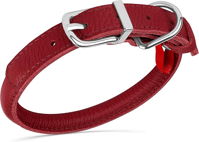 OOPSDOGGY Rolled Leather Dog Collar Soft Roll Collars for Small Medium Large Dogs Puppy (Red, L, 14"-18")
