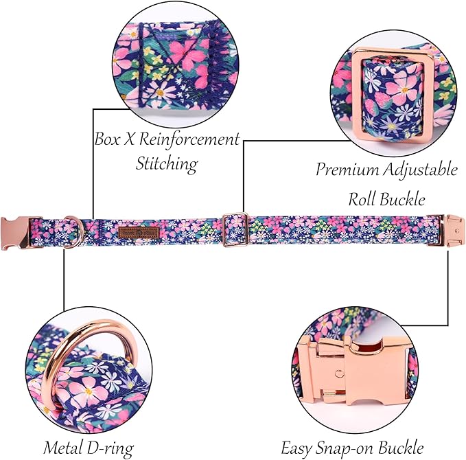 Lionet Paws Floral Dog Collar with Sailor Bow, Spring Wildflowers Daisy Fleabane Dog Collar Bow Tie for Dogs, Medium, Neck 13.5-22 inches