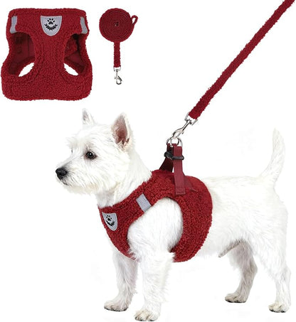 KOOLTAIL Christmas Plush Small Dog Harness and Leash Set, Warm Fleece No Pull Puppy Vest for Winter, Lightweight Reflective Step in Pet Harness for Medium Sized Dogs Boy Girl Outdoor Walking, Red S