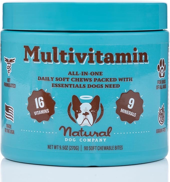 Natural Dog Company 25-in-1 Multivitamin for Dogs – Vet-Formulated Soft Chews for Puppies, Adults & Seniors, Supports Joints, Skin, Coat, Immune & Heart Health, NASC Certified, 90 Count