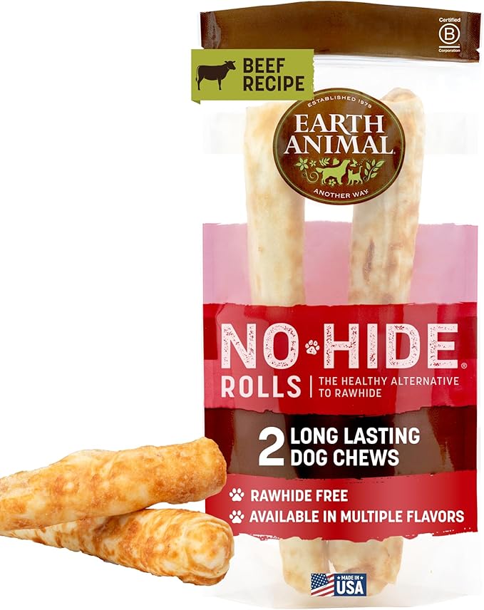 Earth Animal No Hide Chews - Long Lasting Rawhide Free Large Dog Chews Rolls, Beef - 2 Count