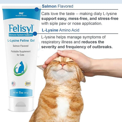 Felisyl L-Lysine Gel for Cats & Kittens (5oz) – Immune System, Respiratory & Eye Health Support. Reduces Sneezing, Runny Nose & Watery Eyes. Daily Salmon-Flavor Supplement – Made in USA