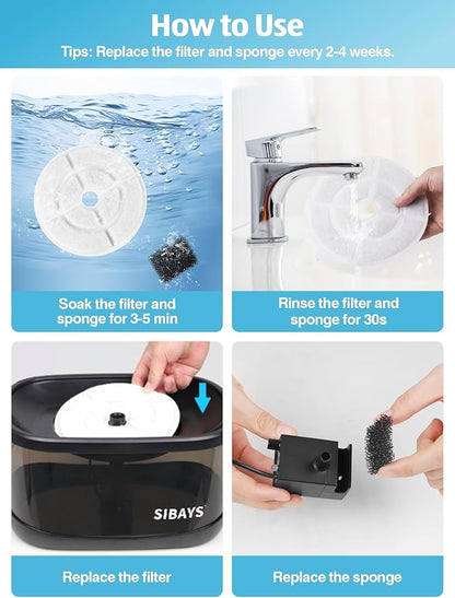 SIBAYS 6 Pack 7" Large Cat Water Fountain Filters Replacement for 2.5Gal/9.5L Dog Water Fountain(FS68) with 4 Layers Filtration System, Made of Coconut Shell Activated Carbon and PP Cotton(Model: L03)