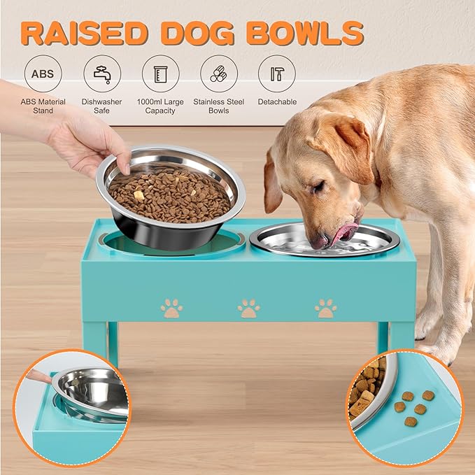 LAKIPETN Elevated Dog Bowls with 2 Stainless Steel Bowls, Raised Dog Food Bowl Stand 5 Height Adjustable (3.1", 9", 10", 11", 12") Non-Slip Feeder Set for Medium and Large Dogs - Turquoise