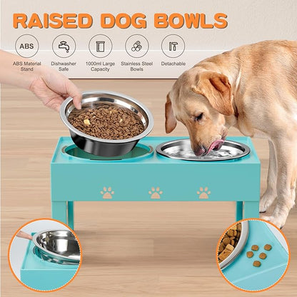 LAKIPETN Elevated Dog Bowls with 2 Stainless Steel Bowls, Raised Dog Food Bowl Stand 5 Height Adjustable (3.1", 9", 10", 11", 12") Non-Slip Feeder Set for Medium and Large Dogs - Turquoise
